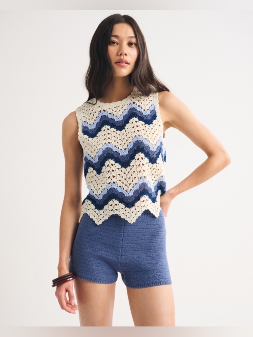 Abercrombie & Fitch Crochet-Style Shell Top in Blue Stripe, Size Small